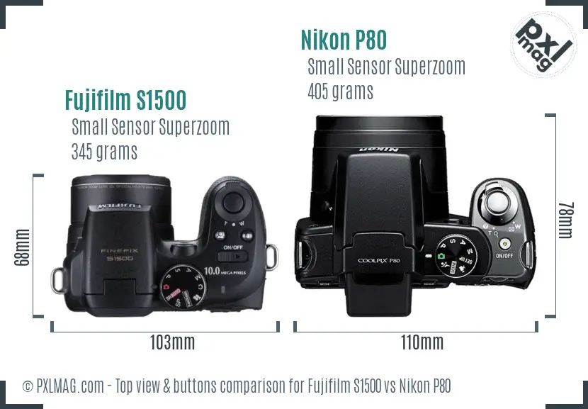 Fujifilm S1500 vs Nikon P80 top view buttons comparison