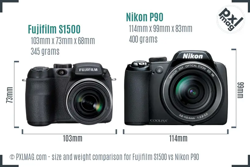 Fujifilm S1500 vs Nikon P90 size comparison