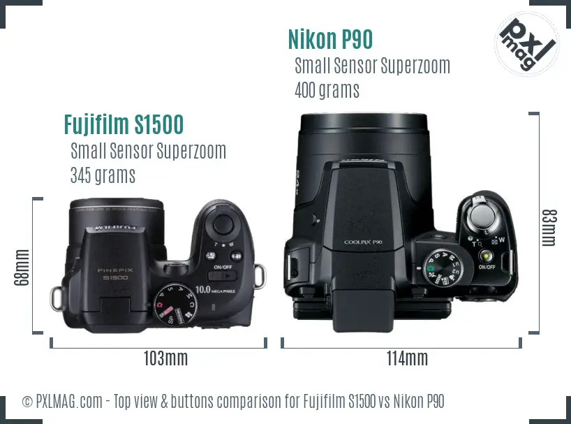 Fujifilm S1500 vs Nikon P90 top view buttons comparison
