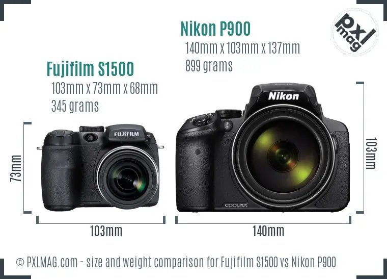 Fujifilm S1500 vs Nikon P900 size comparison