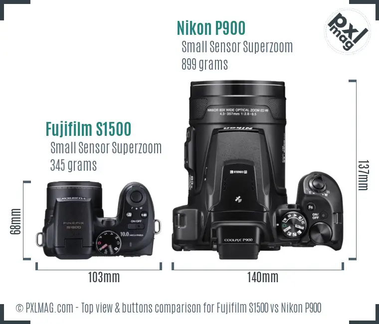 Fujifilm S1500 vs Nikon P900 top view buttons comparison