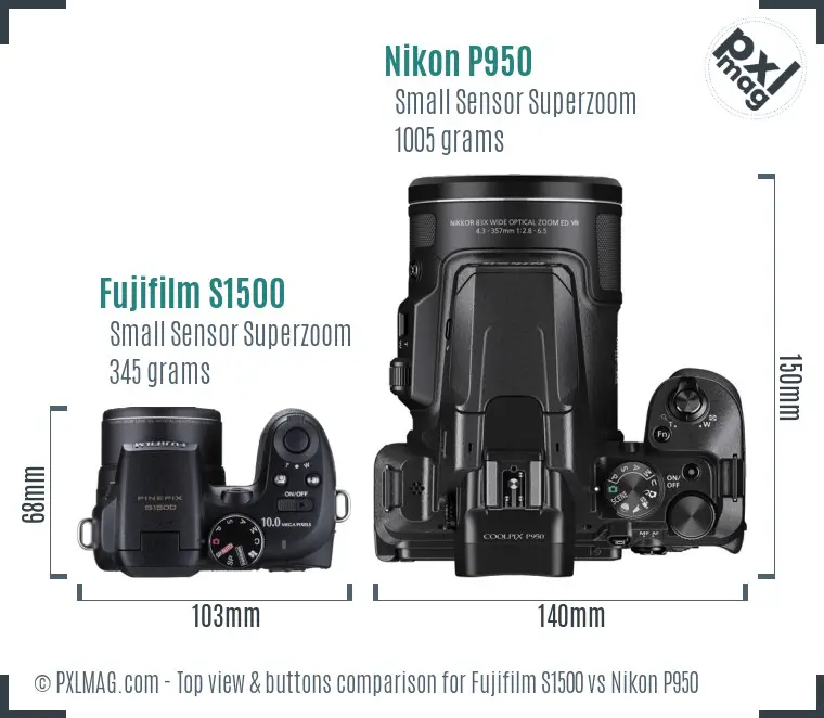 Fujifilm S1500 vs Nikon P950 top view buttons comparison