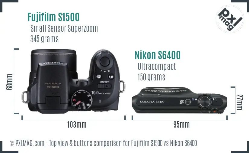 Fujifilm S1500 vs Nikon S6400 top view buttons comparison