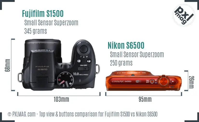 Fujifilm S1500 vs Nikon S6500 top view buttons comparison