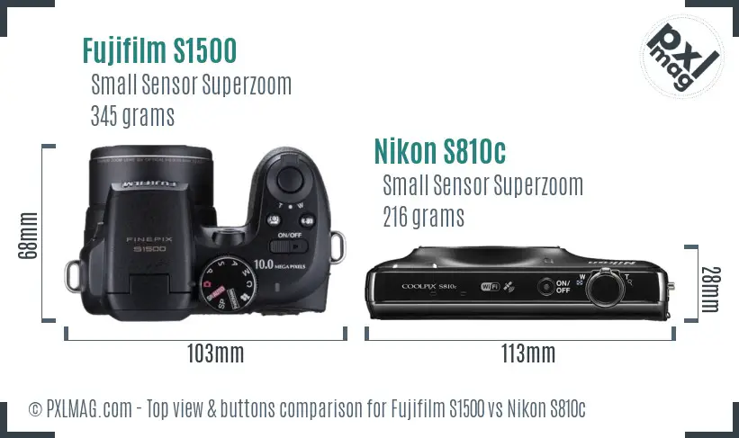 Fujifilm S1500 vs Nikon S810c top view buttons comparison