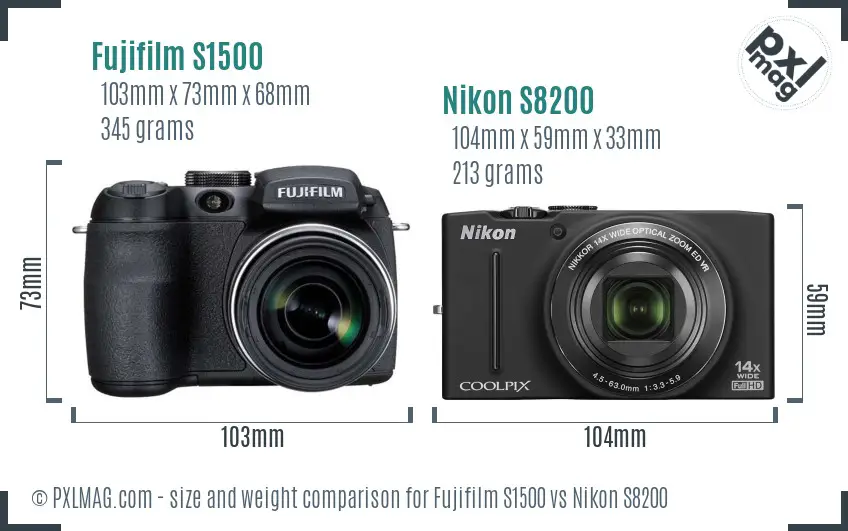 Fujifilm S1500 vs Nikon S8200 size comparison