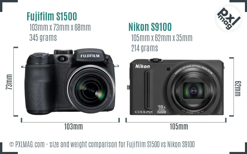 Fujifilm S1500 vs Nikon S9100 size comparison
