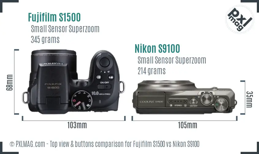 Fujifilm S1500 vs Nikon S9100 top view buttons comparison