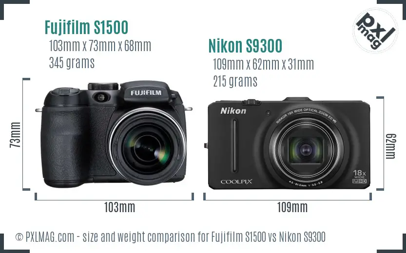 Fujifilm S1500 vs Nikon S9300 size comparison