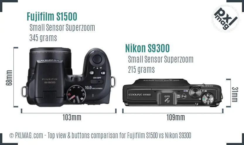Fujifilm S1500 vs Nikon S9300 top view buttons comparison