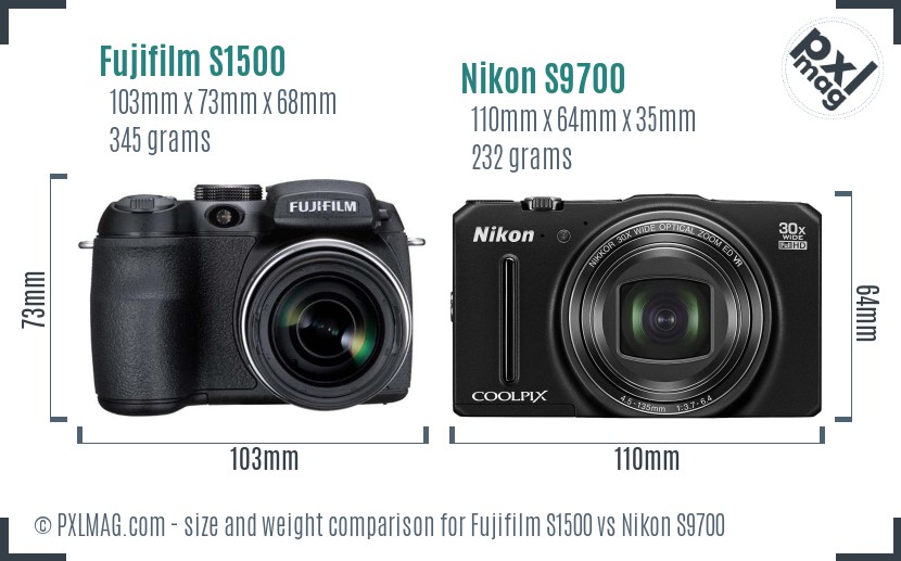 Fujifilm S1500 vs Nikon S9700 size comparison