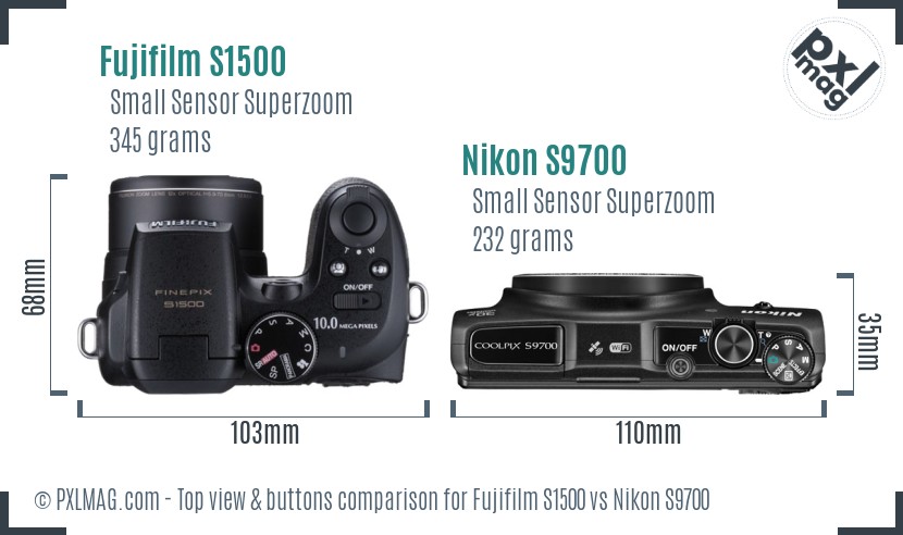 Fujifilm S1500 vs Nikon S9700 top view buttons comparison