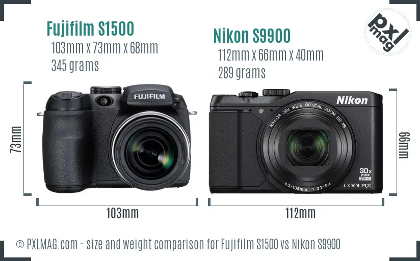 Fujifilm S1500 vs Nikon S9900 size comparison