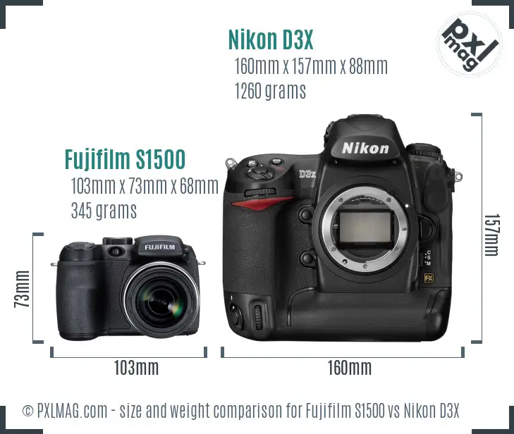 Fujifilm S1500 vs Nikon D3X size comparison