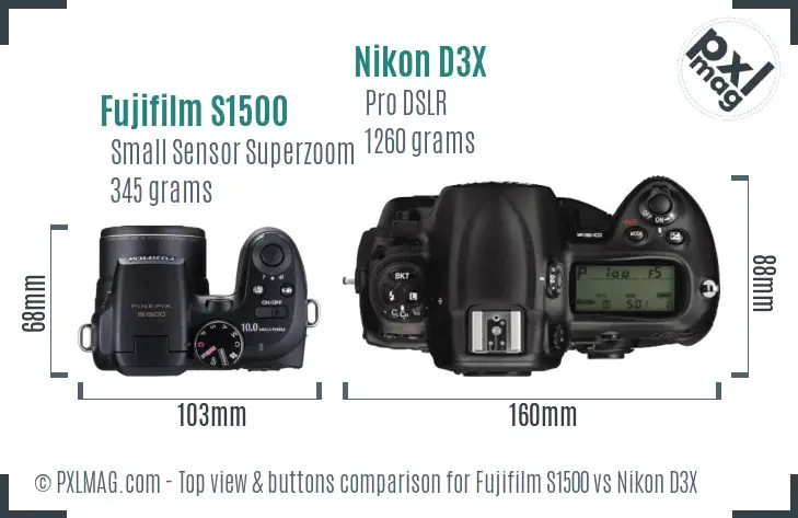 Fujifilm S1500 vs Nikon D3X top view buttons comparison