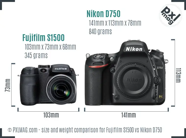 Fujifilm S1500 vs Nikon D750 size comparison