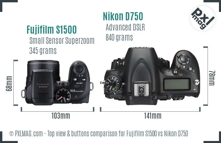 Fujifilm S1500 vs Nikon D750 top view buttons comparison
