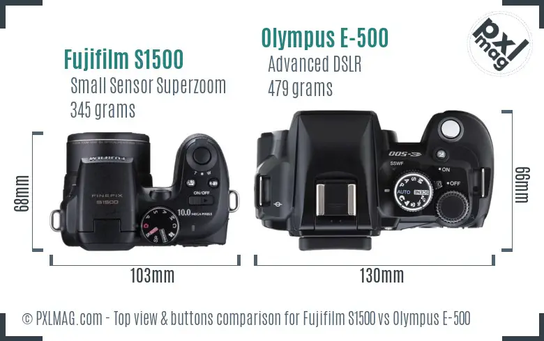 Fujifilm S1500 vs Olympus E-500 top view buttons comparison Fujifilm S1500 vs Olympus E-500 top view buttons comparison