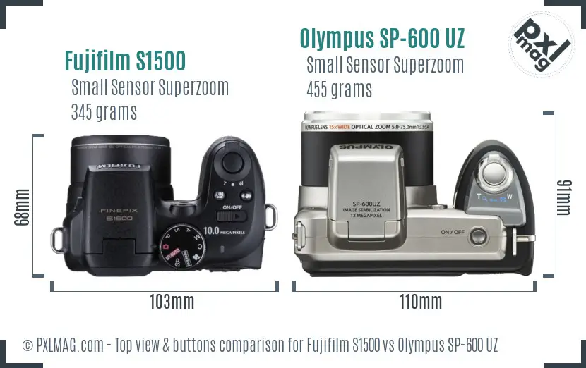 Fujifilm S1500 vs Olympus SP-600 UZ top view buttons comparison