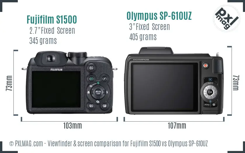 Fujifilm S1500 vs Olympus SP-610UZ Screen and Viewfinder comparison