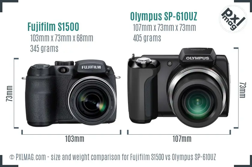Fujifilm S1500 vs Olympus SP-610UZ size comparison Fujifilm S1500 vs Olympus SP-610UZ size comparison