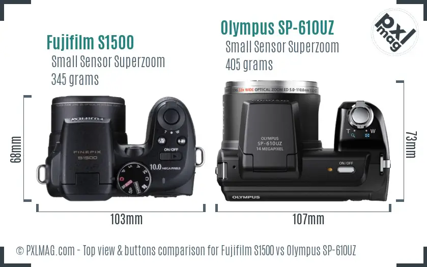 Fujifilm S1500 vs Olympus SP-610UZ top view buttons comparison