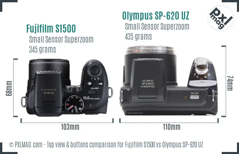 Fujifilm S1500 vs Olympus SP-620 UZ top view buttons comparison