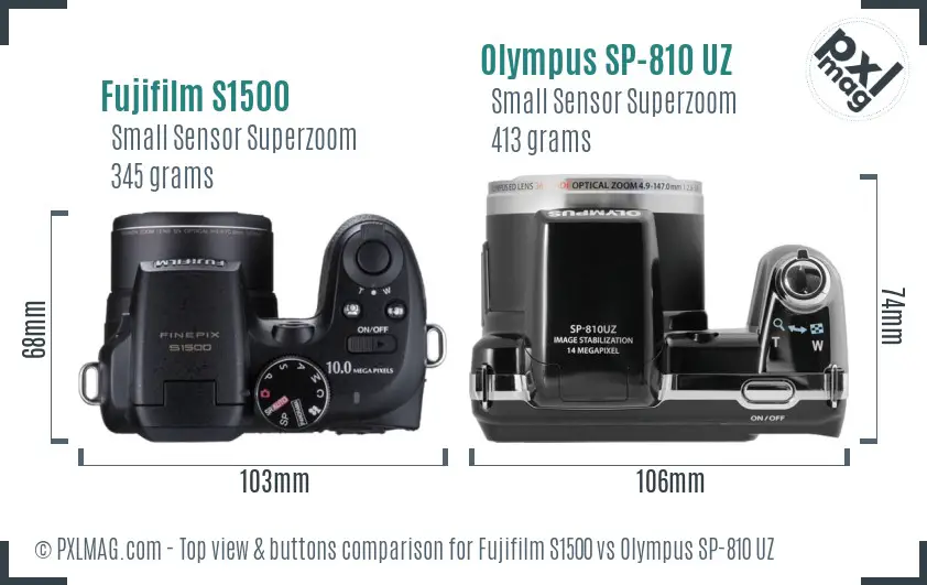 Fujifilm S1500 vs Olympus SP-810 UZ top view buttons comparison