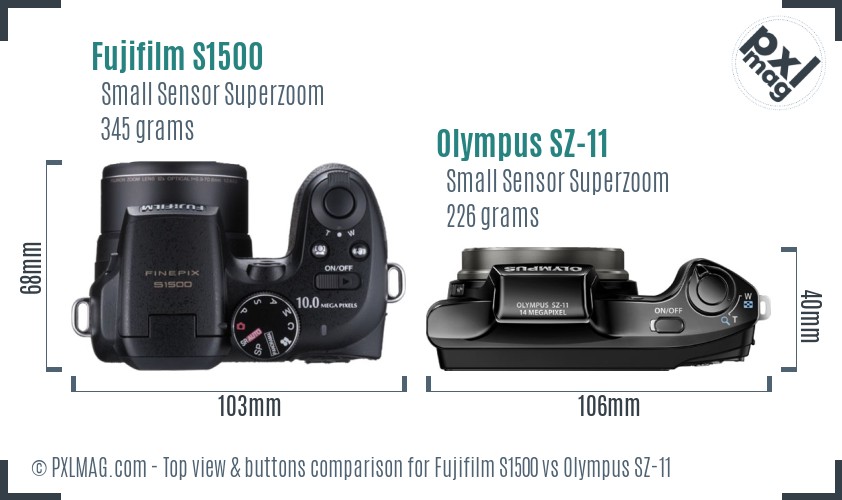 Fujifilm S1500 vs Olympus SZ-11 top view buttons comparison