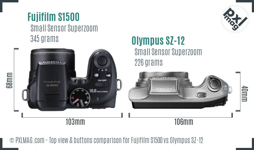 Fujifilm S1500 vs Olympus SZ-12 top view buttons comparison