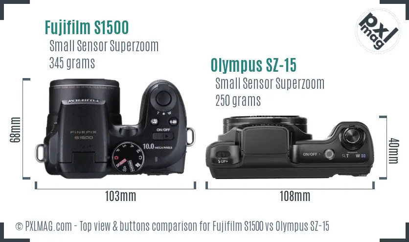 Fujifilm S1500 vs Olympus SZ-15 top view buttons comparison