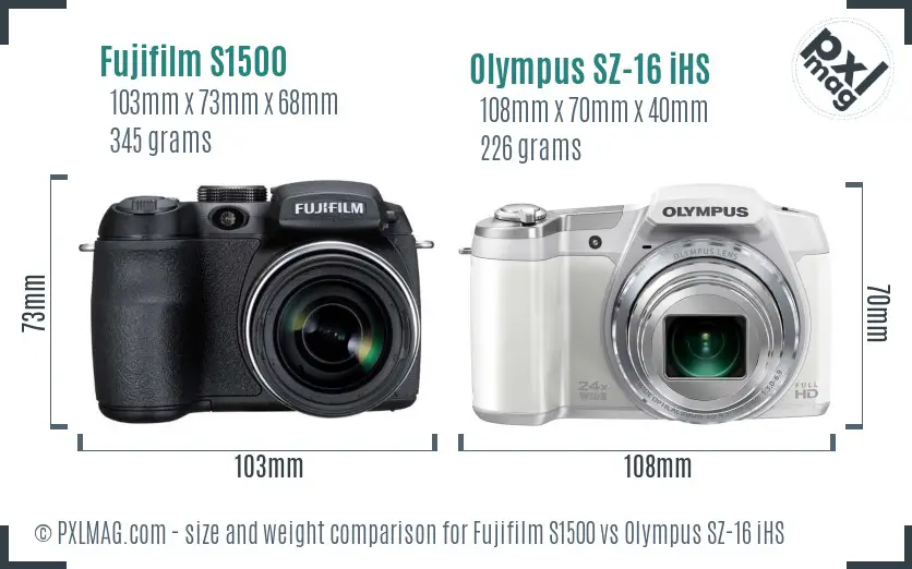 Fujifilm S1500 vs Olympus SZ-16 iHS size comparison Fujifilm S1500 vs Olympus SZ-16 iHS size comparison