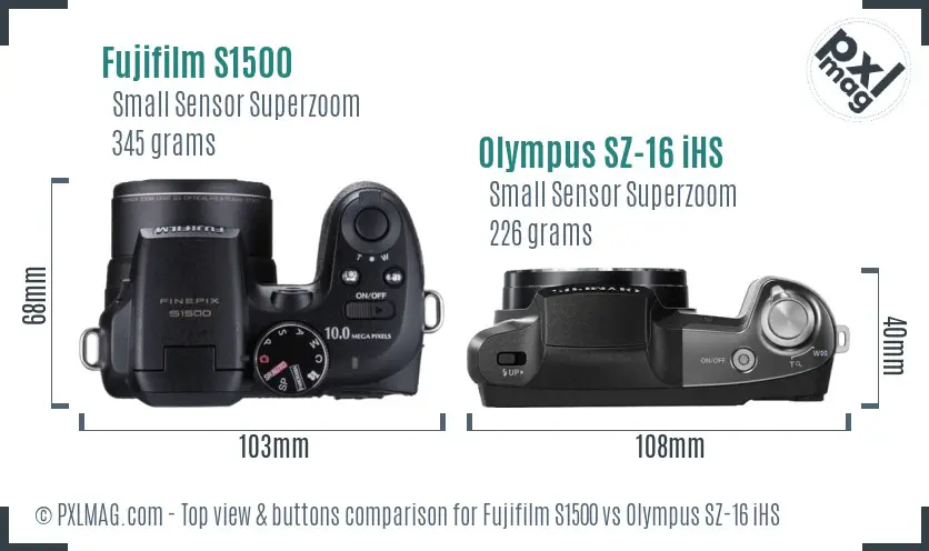 Fujifilm S1500 vs Olympus SZ-16 iHS top view buttons comparison Fujifilm S1500 vs Olympus SZ-16 iHS top view buttons comparison