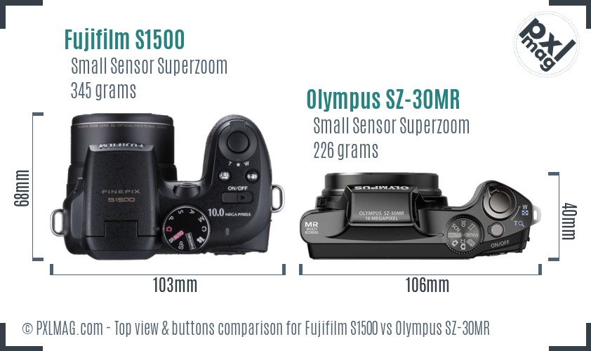 Fujifilm S1500 vs Olympus SZ-30MR top view buttons comparison