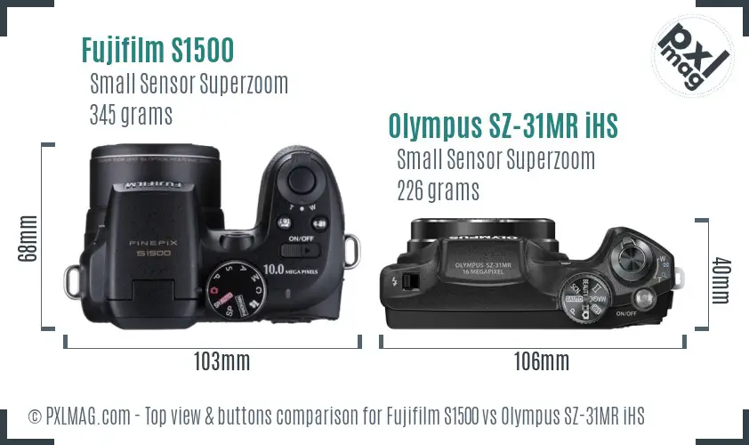 Fujifilm S1500 vs Olympus SZ-31MR iHS top view buttons comparison