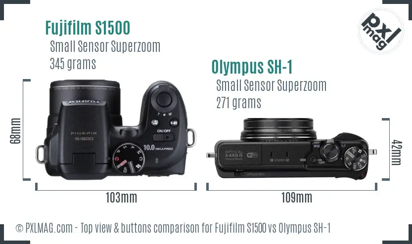 Fujifilm S1500 vs Olympus SH-1 top view buttons comparison