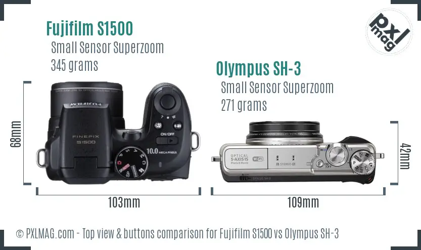 Fujifilm S1500 vs Olympus SH-3 top view buttons comparison Fujifilm S1500 vs Olympus SH-3 top view buttons comparison