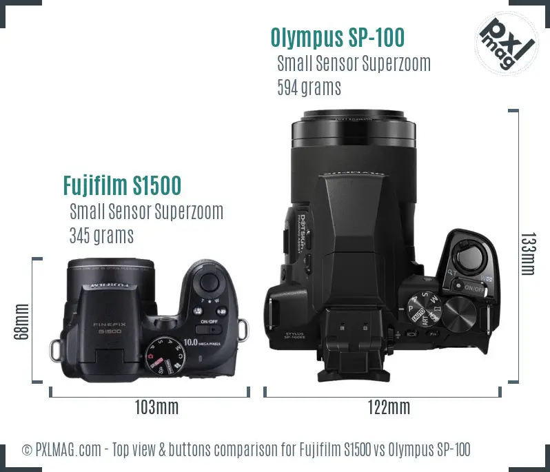 Fujifilm S1500 vs Olympus SP-100 top view buttons comparison