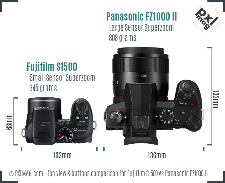 Fujifilm S1500 vs Panasonic FZ1000 II top view buttons comparison