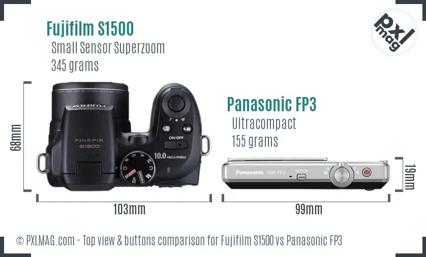 Fujifilm S1500 vs Panasonic FP3 top view buttons comparison