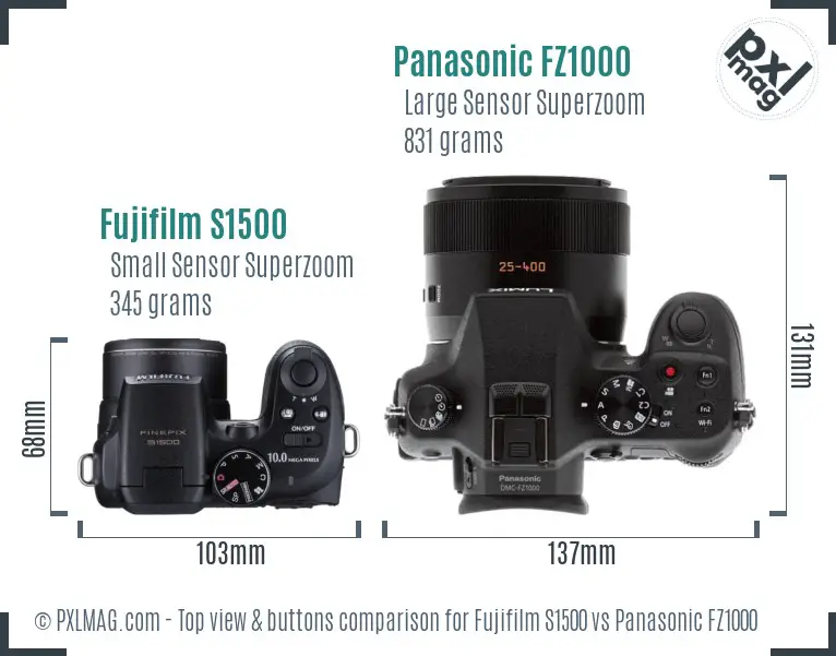 Fujifilm S1500 vs Panasonic FZ1000 top view buttons comparison