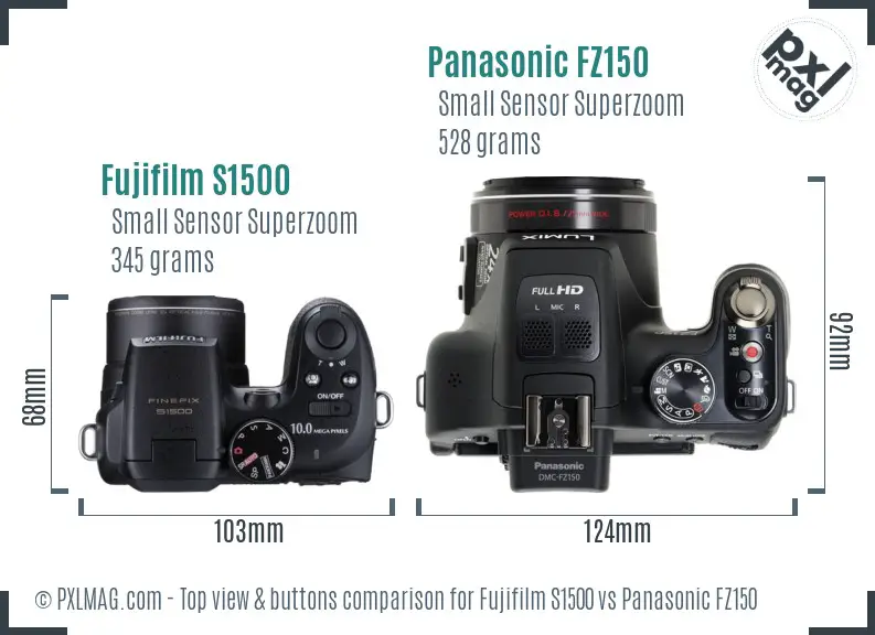 Fujifilm S1500 vs Panasonic FZ150 top view buttons comparison