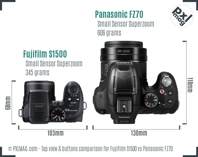Fujifilm S1500 vs Panasonic FZ70 top view buttons comparison Fujifilm S1500 vs Panasonic FZ70 top view buttons comparison
