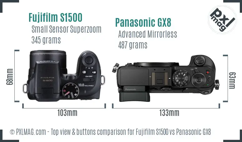 Fujifilm S1500 vs Panasonic GX8 top view buttons comparison