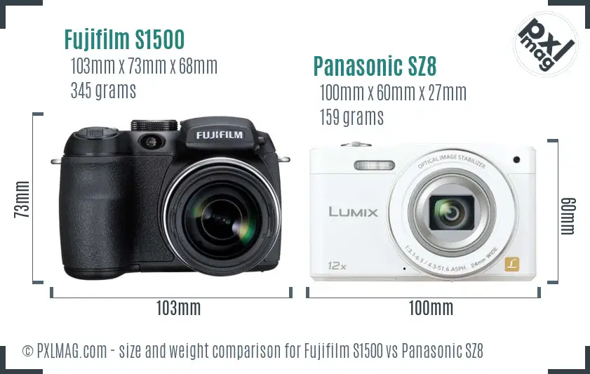 Fujifilm S1500 vs Panasonic SZ8 size comparison