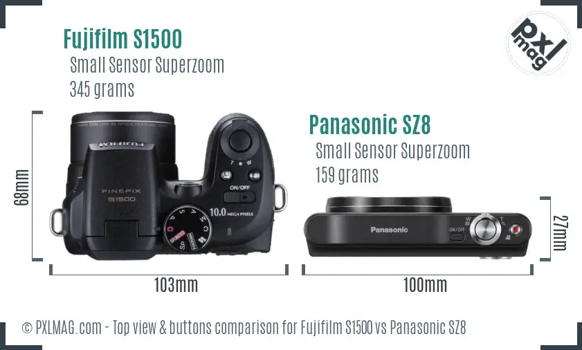Fujifilm S1500 vs Panasonic SZ8 top view buttons comparison