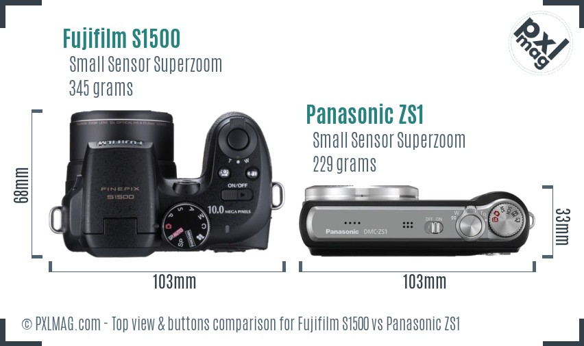Fujifilm S1500 vs Panasonic ZS1 top view buttons comparison