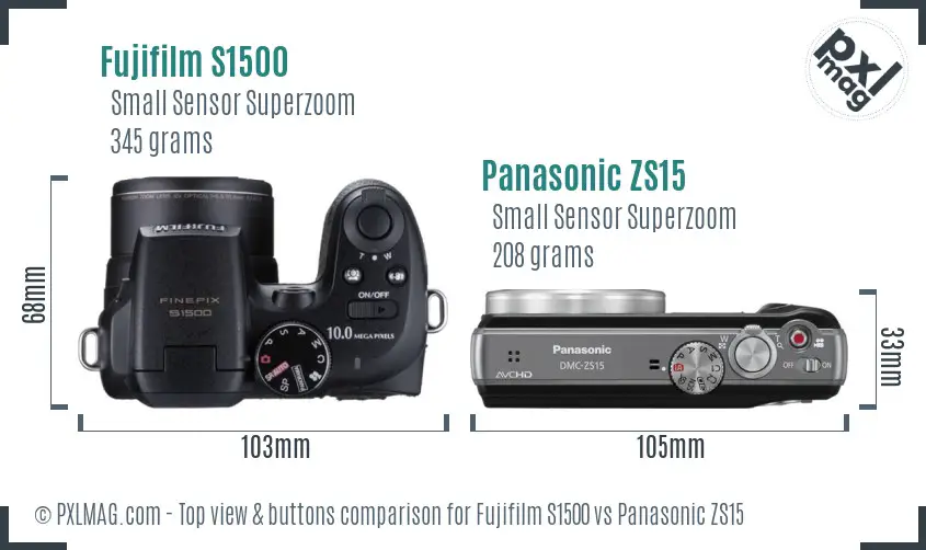 Fujifilm S1500 vs Panasonic ZS15 top view buttons comparison Fujifilm S1500 vs Panasonic ZS15 top view buttons comparison