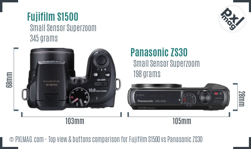 Fujifilm S1500 vs Panasonic ZS30 top view buttons comparison