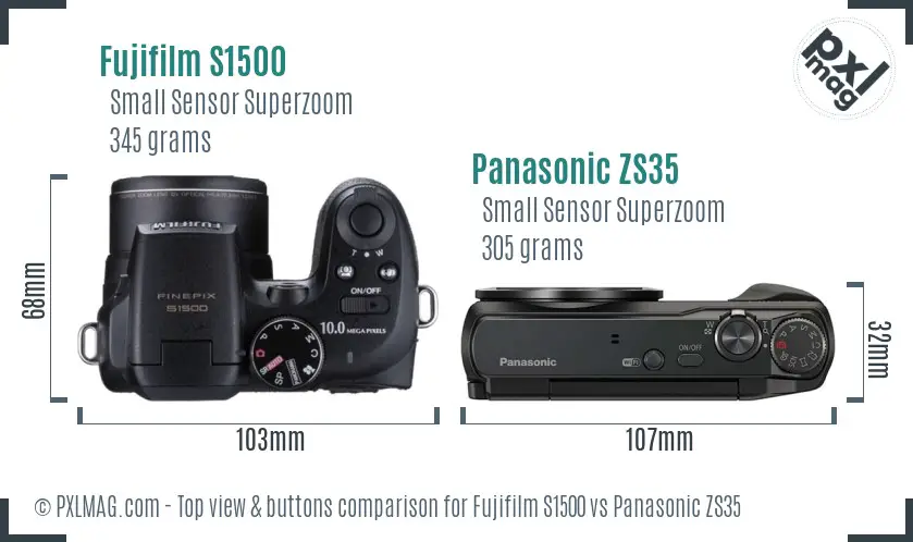 Fujifilm S1500 vs Panasonic ZS35 top view buttons comparison